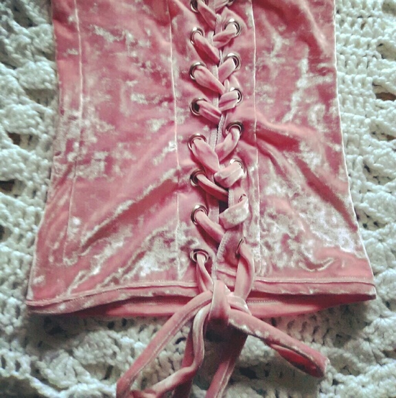 Panne CRUSHED VELVET baby pink corset lace top - Picture 3 of 6